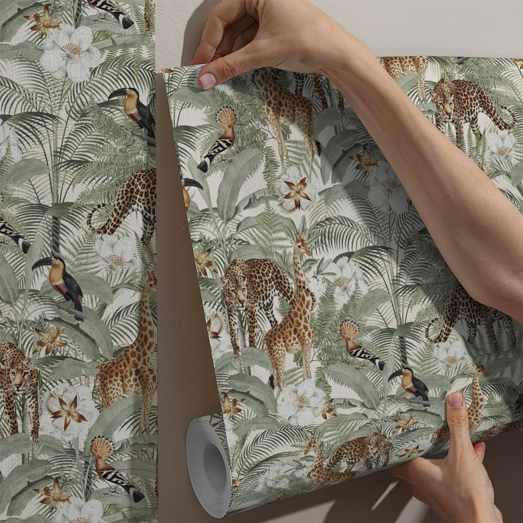 Papier peint adhésif jungle vert sauge, girafes et toucans