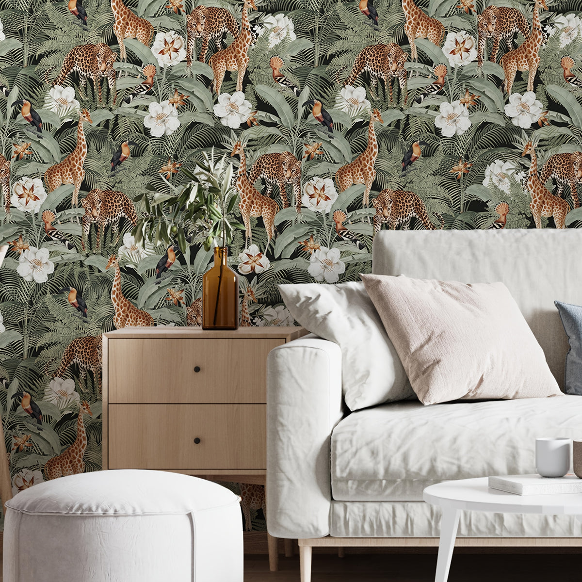 Papier peint adhésif jungle vert sauge, girafes et toucans
