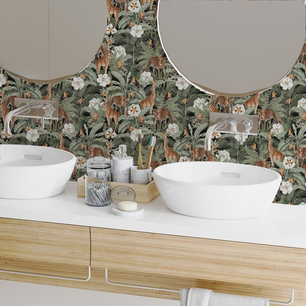 Papier peint adhésif jungle vert sauge, girafes et toucans
