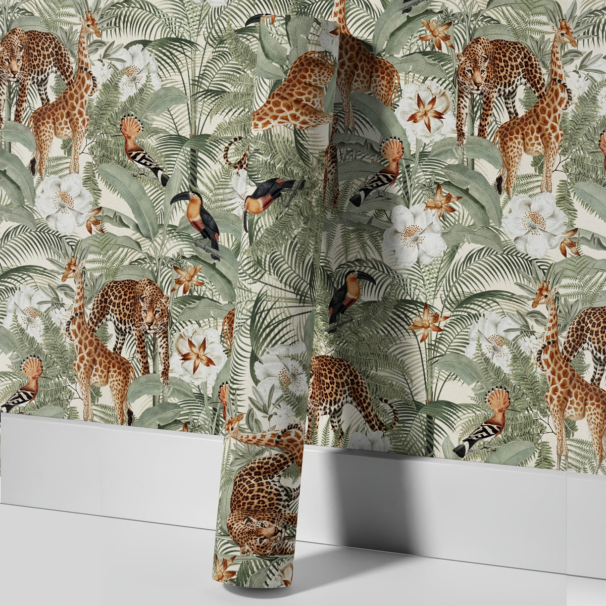 Papier peint adhésif jungle vert sauge, girafes et toucans