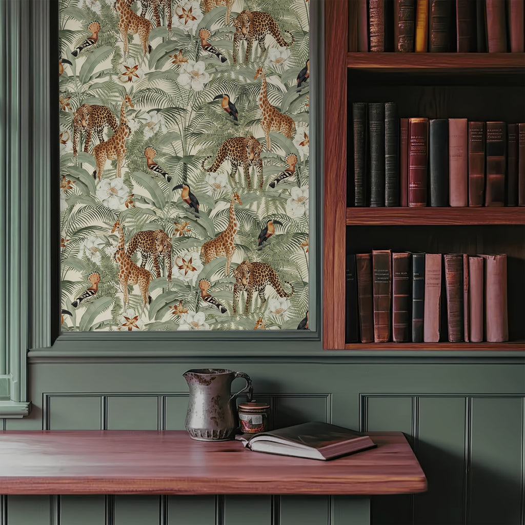 Papier peint adhésif jungle vert sauge, girafes et toucans