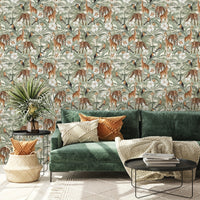 Papier peint adhésif jungle vert sauge, girafes et toucans