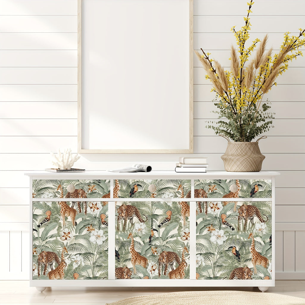 Papier peint adhésif jungle vert sauge, girafes et toucans