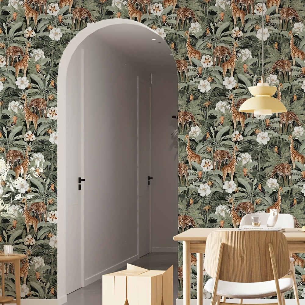 Papier peint adhésif jungle vert sauge, girafes et toucans