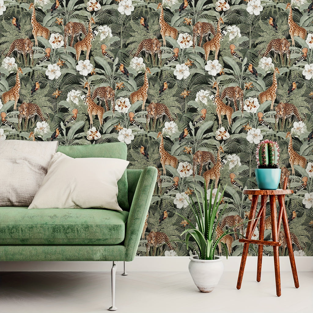 Papier peint adhésif jungle vert sauge, girafes et toucans