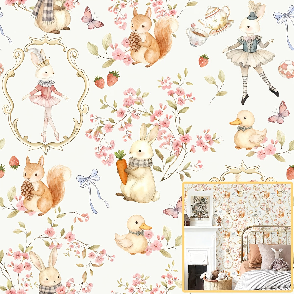 Papier peint adhésif lapins et écureuils, style conte de fées