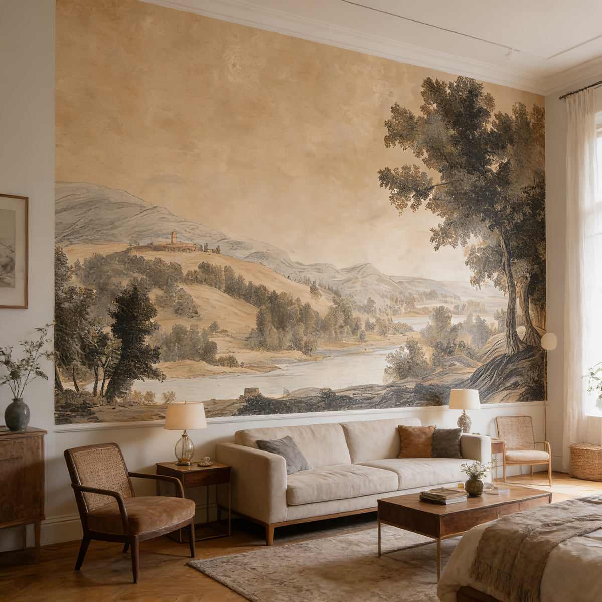 Papier peint adhésif paysage peint à la main, 365x254 cm