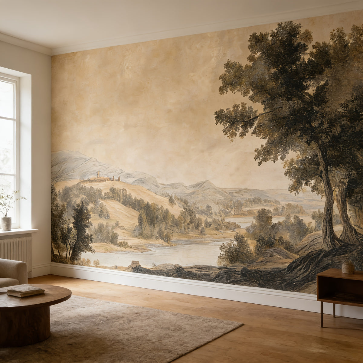 Papier peint adhésif paysage peint à la main, 365x254 cm