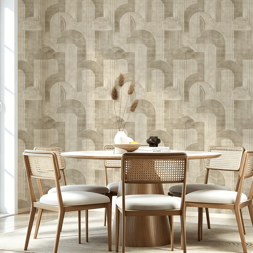 Papier peint beige aux arches sur une texture de lin tissé