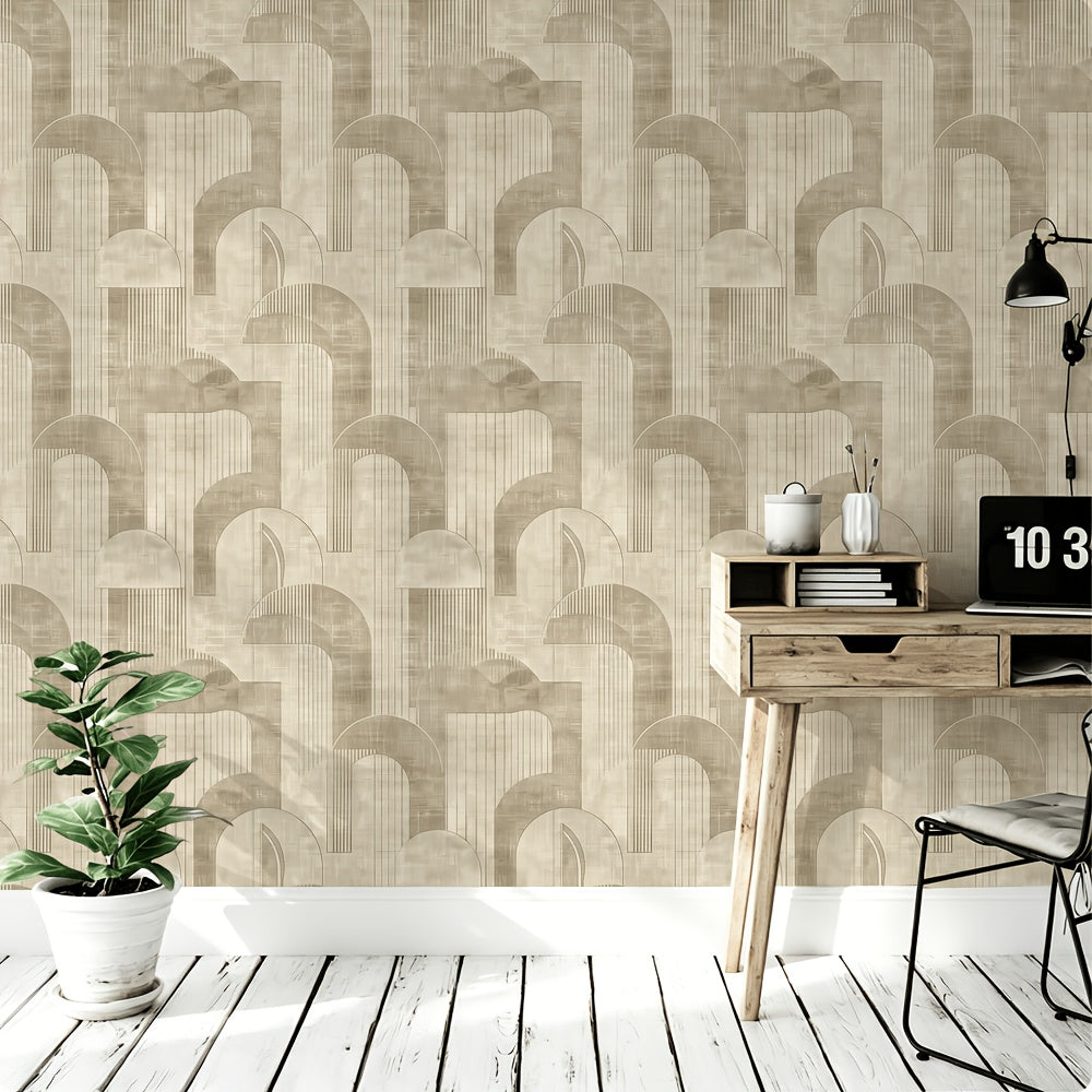 Papier peint beige aux arches sur une texture de lin tissé