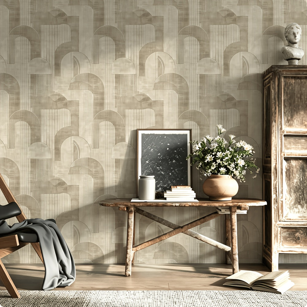Papier peint beige aux arches sur une texture de lin tissé