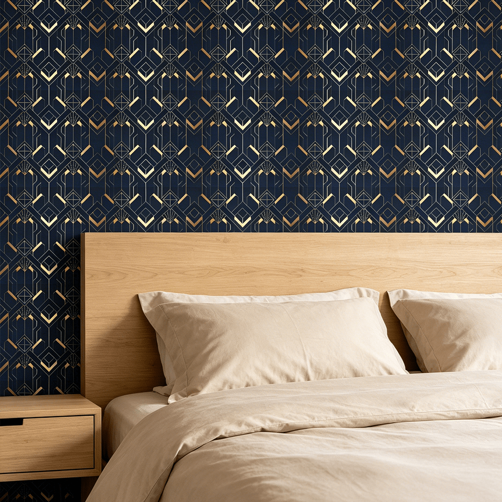 Papier peint art déco bleu nuit et doré, trois longueurs