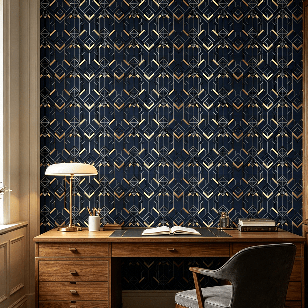 Papier peint art déco bleu nuit et doré, trois longueurs