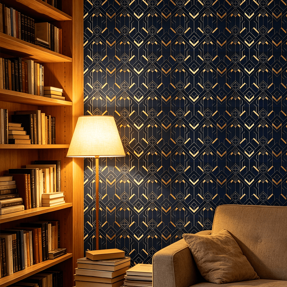 Papier peint art déco bleu nuit et doré, trois longueurs
