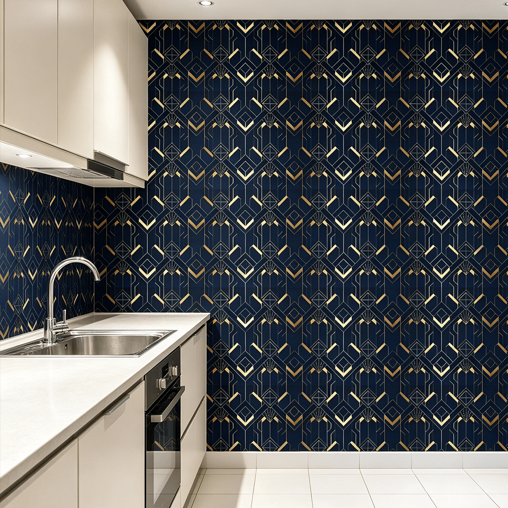 Papier peint art déco bleu nuit et doré, trois longueurs
