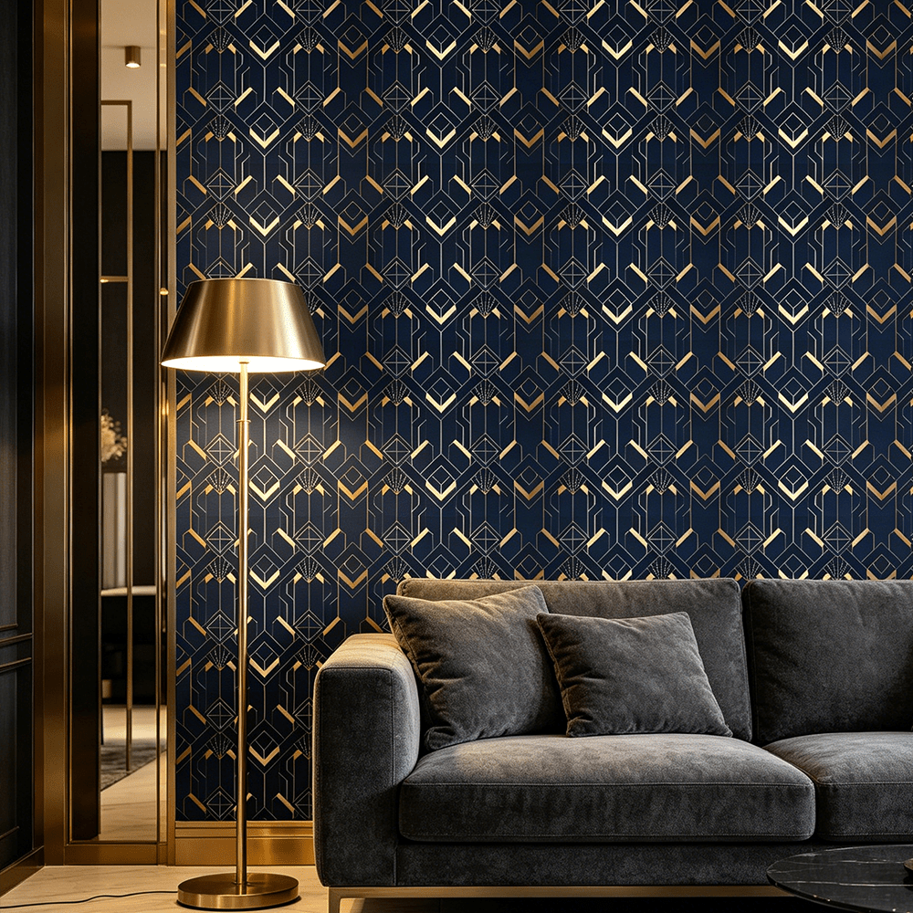 Papier peint art déco bleu nuit et doré, trois longueurs