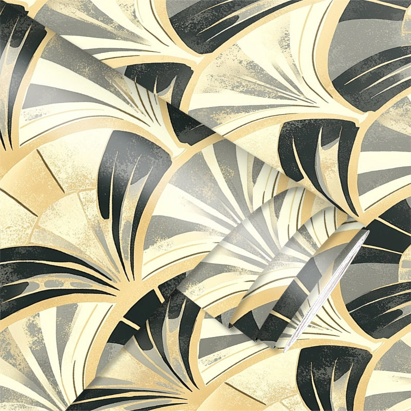 Papier peint art déco noir, gris et doré à motif éventail