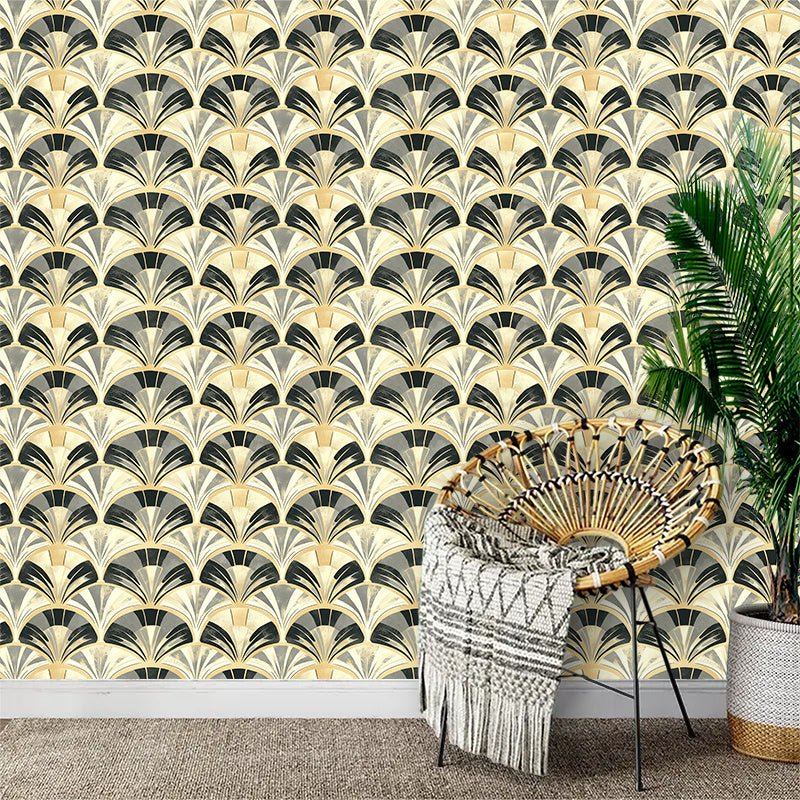 Papier peint art déco noir, gris et doré à motif éventail