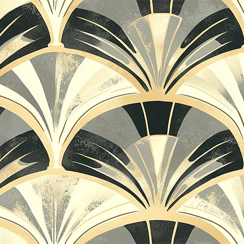 Papier peint art déco noir, gris et doré à motif éventail