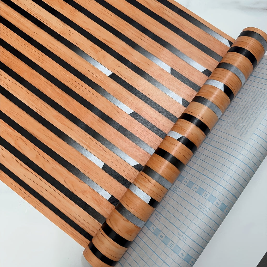 1 rouleau 1000*45cm/393.7*17.72inch / Rayure à paillettes noires avec grain de bois orange