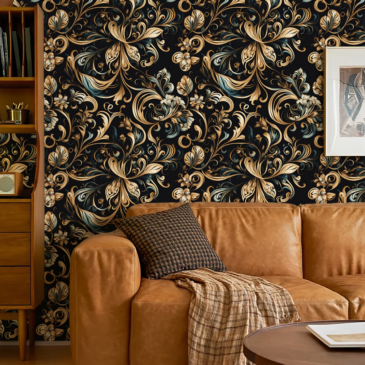 Papier peint baroque doré sur noir, rinceaux et palmettes
