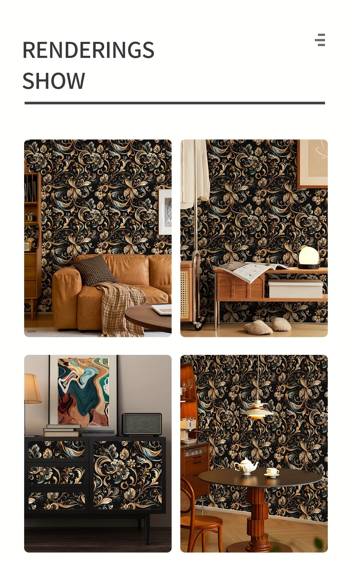 Papier peint baroque doré sur noir, rinceaux et palmettes