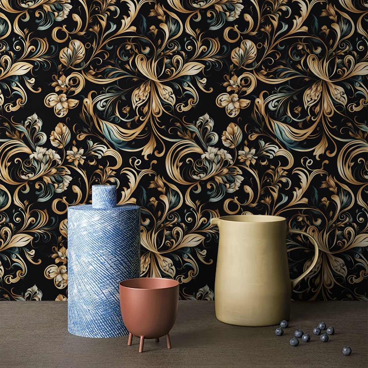 Papier peint baroque doré sur noir, rinceaux et palmettes