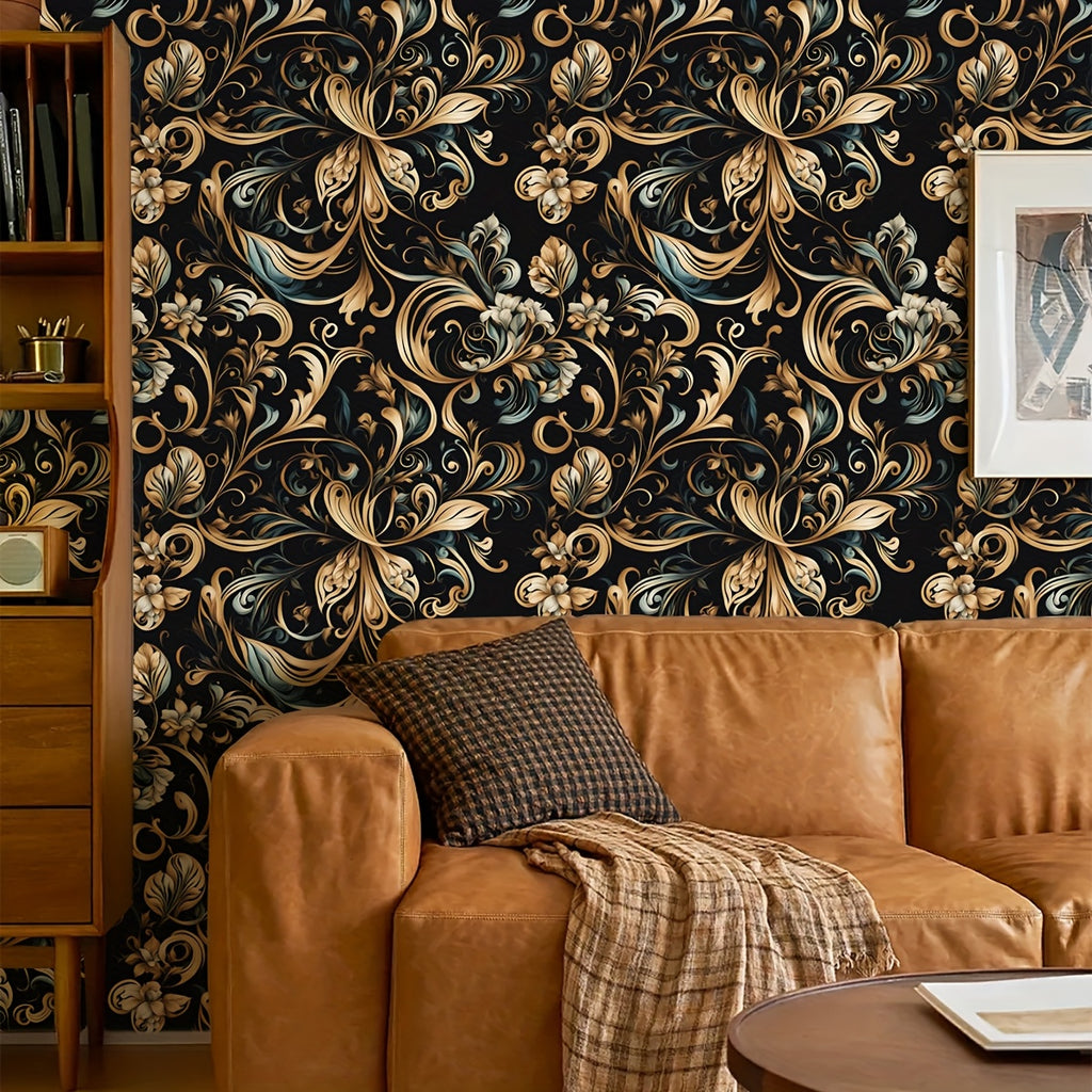 Papier peint baroque doré sur noir, rinceaux et palmettes