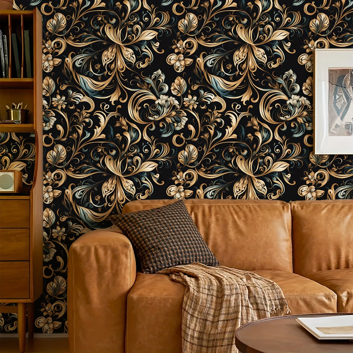 Papier peint baroque doré sur noir, rinceaux et palmettes