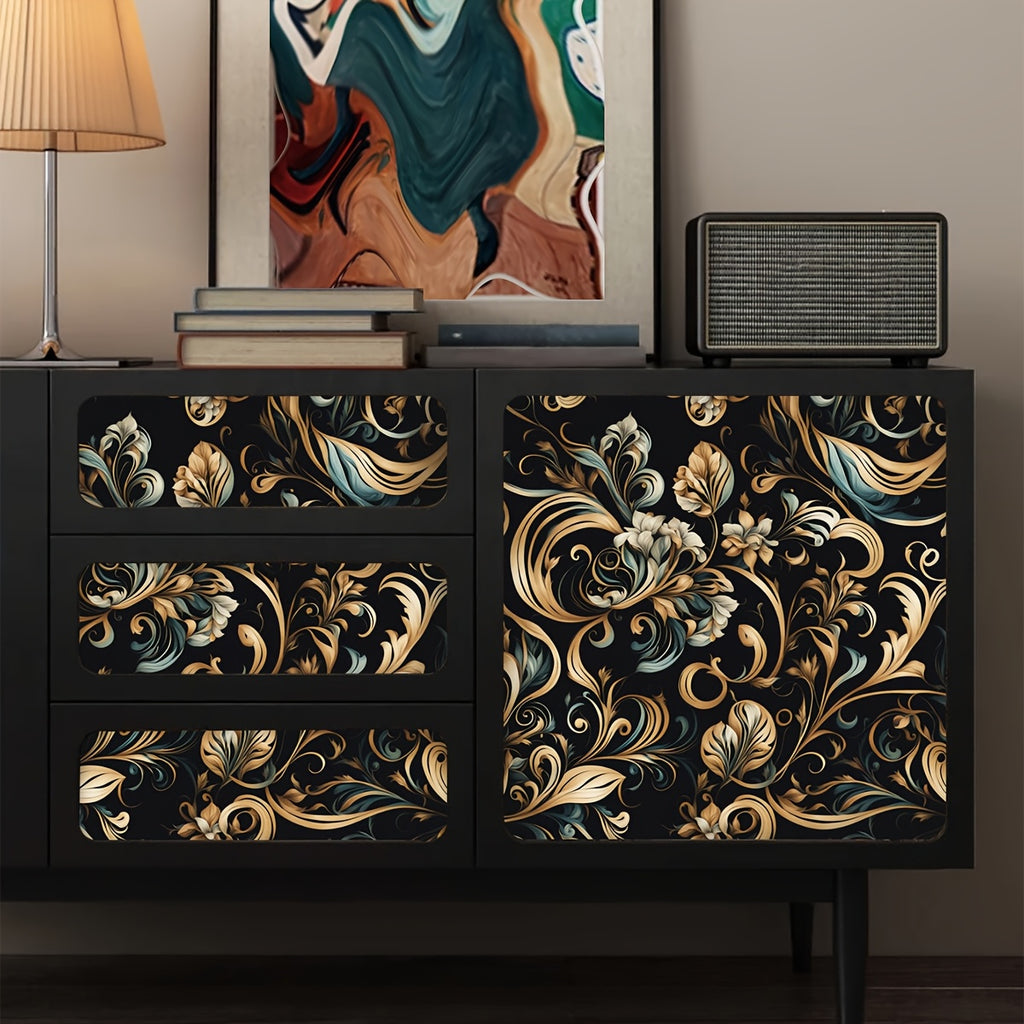 Papier peint baroque doré sur noir, rinceaux et palmettes