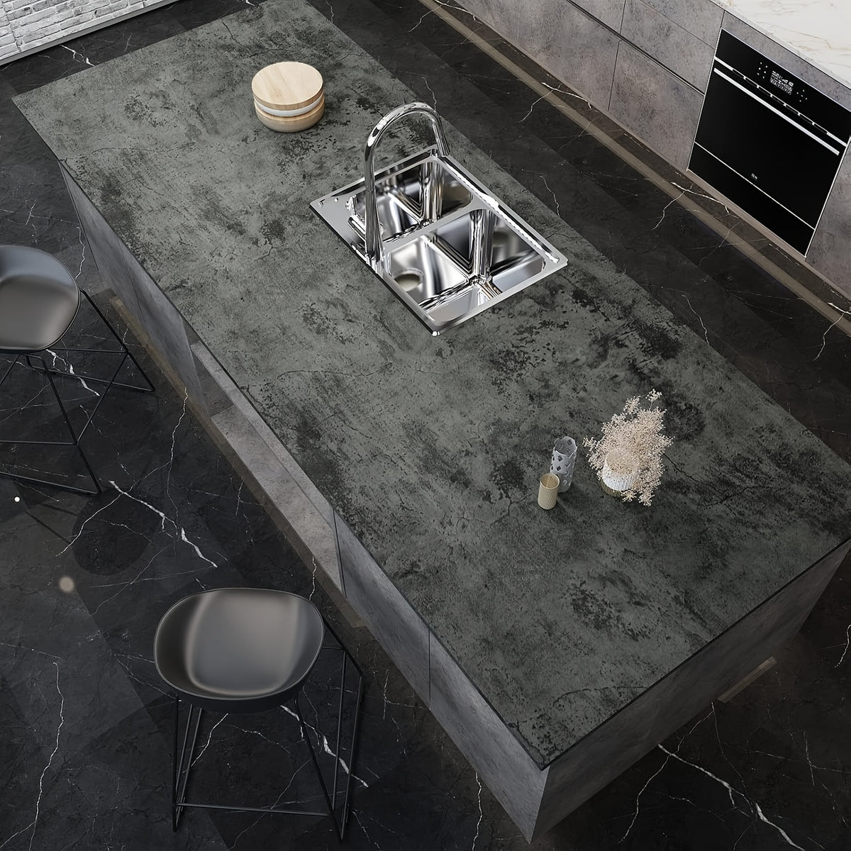 Papier peint béton anthracite mat, pour un plan de travail