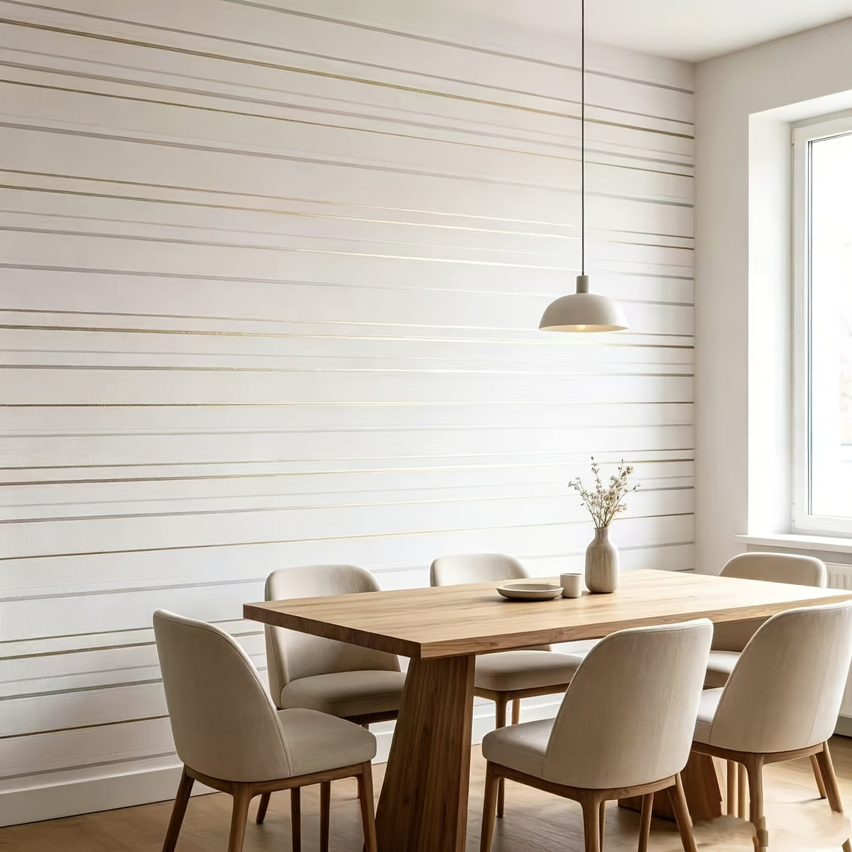 Papier peint blanc à filets dorés horizontaux, 8 rouleaux