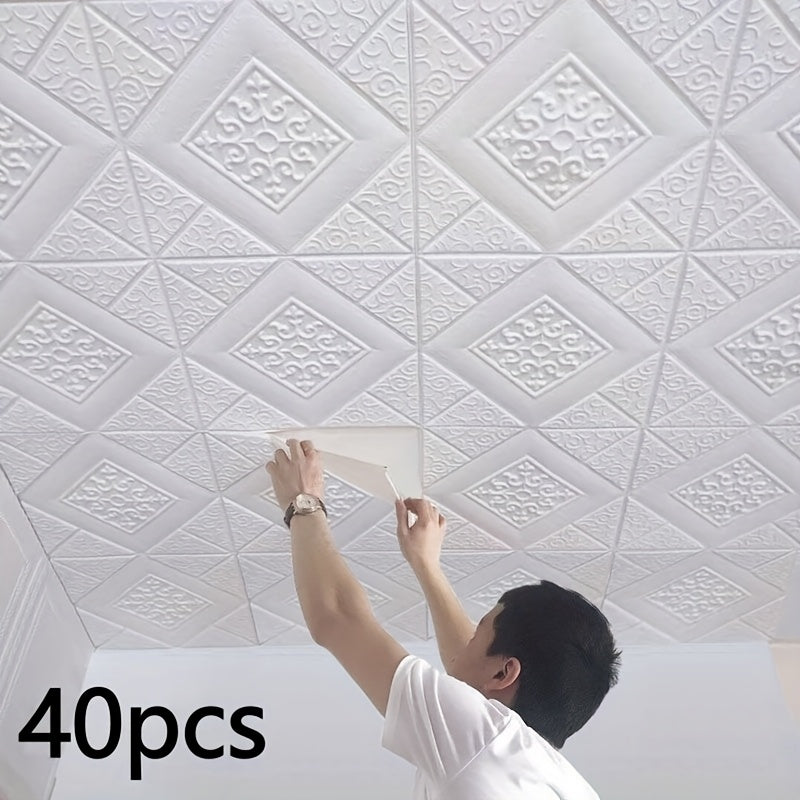 Papier peint adhésif blanc à médaillon losange, 40 dalles