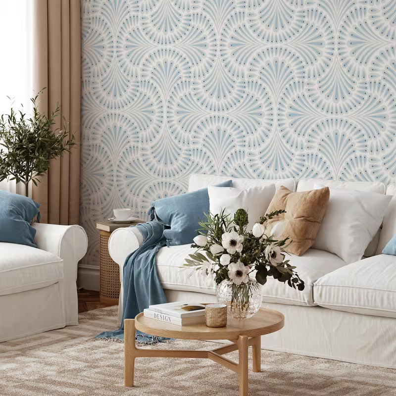 Papier peint bleu motif éventail pour une cuisine élégante