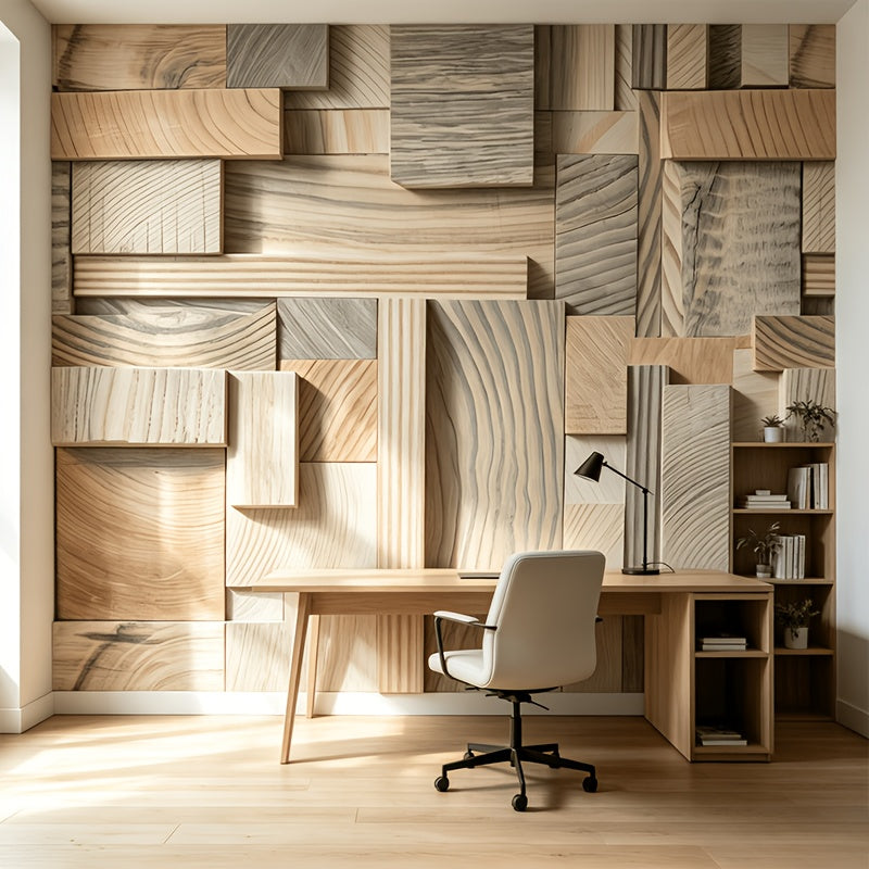 Papier peint blocs de bois clair en relief imprimé, 6 lés