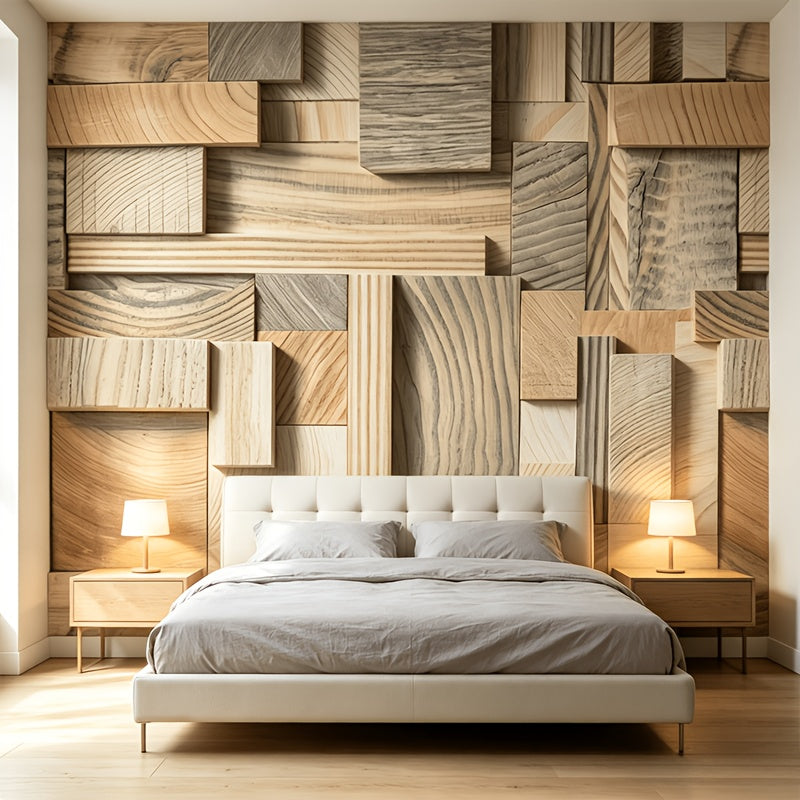 Papier peint blocs de bois clair en relief imprimé, 6 lés