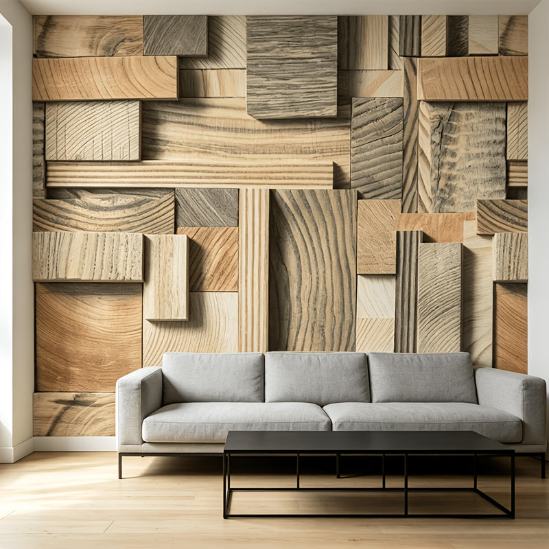Papier peint blocs de bois clair en relief imprimé, 6 lés