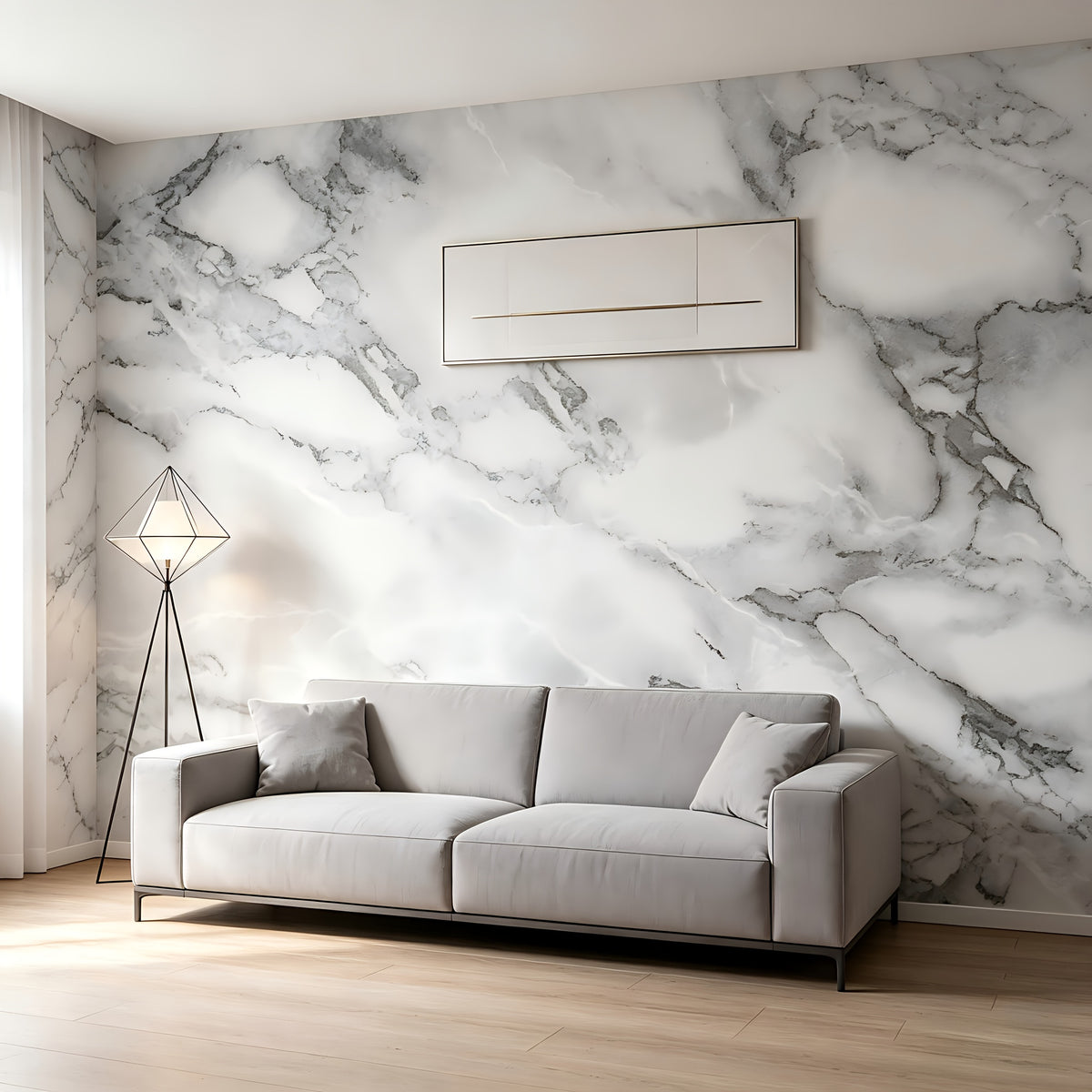 Papier peint Calacatta blanc, veines charbon et zéro doré
