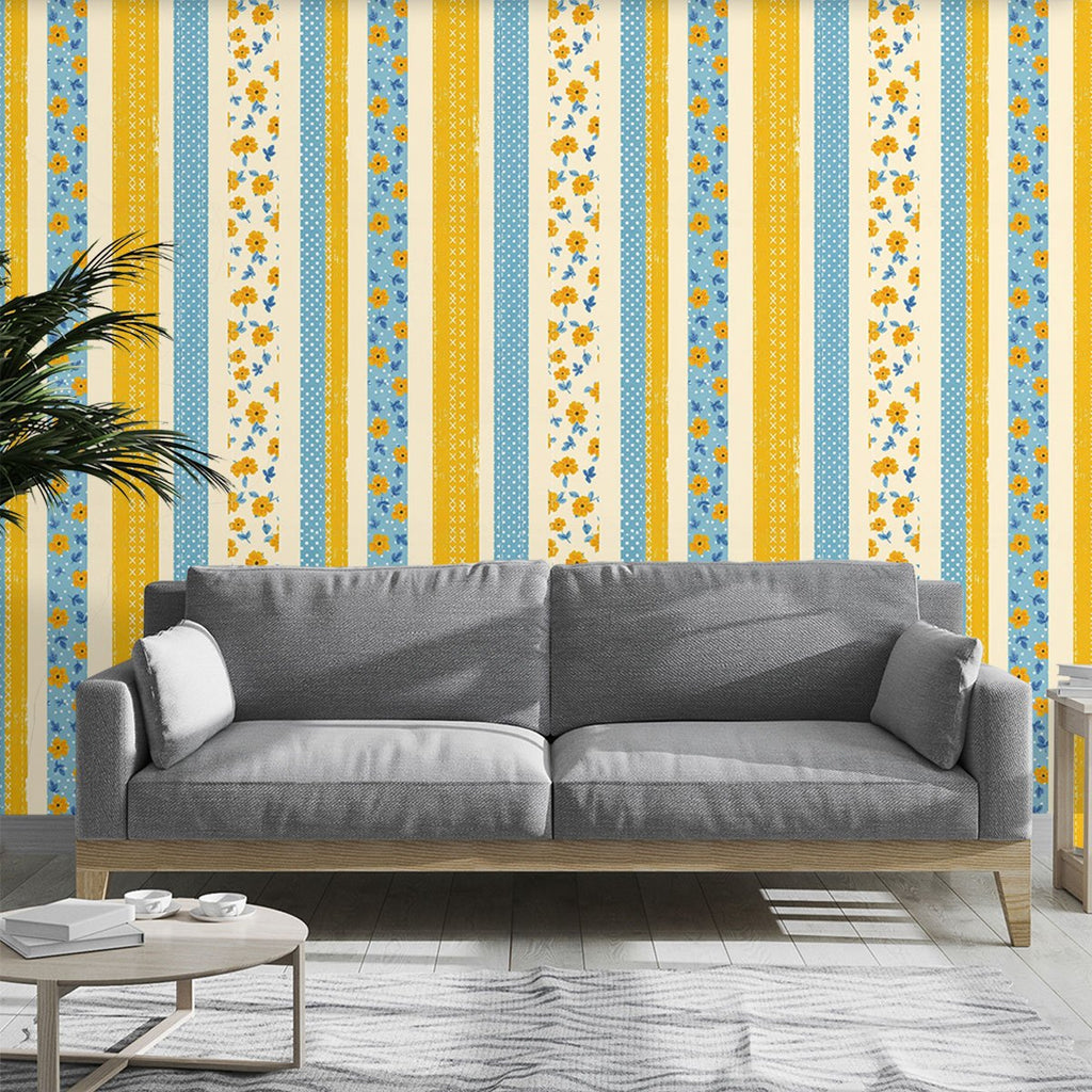 Papier peint champêtre bandes jaunes, bleues et fleuries