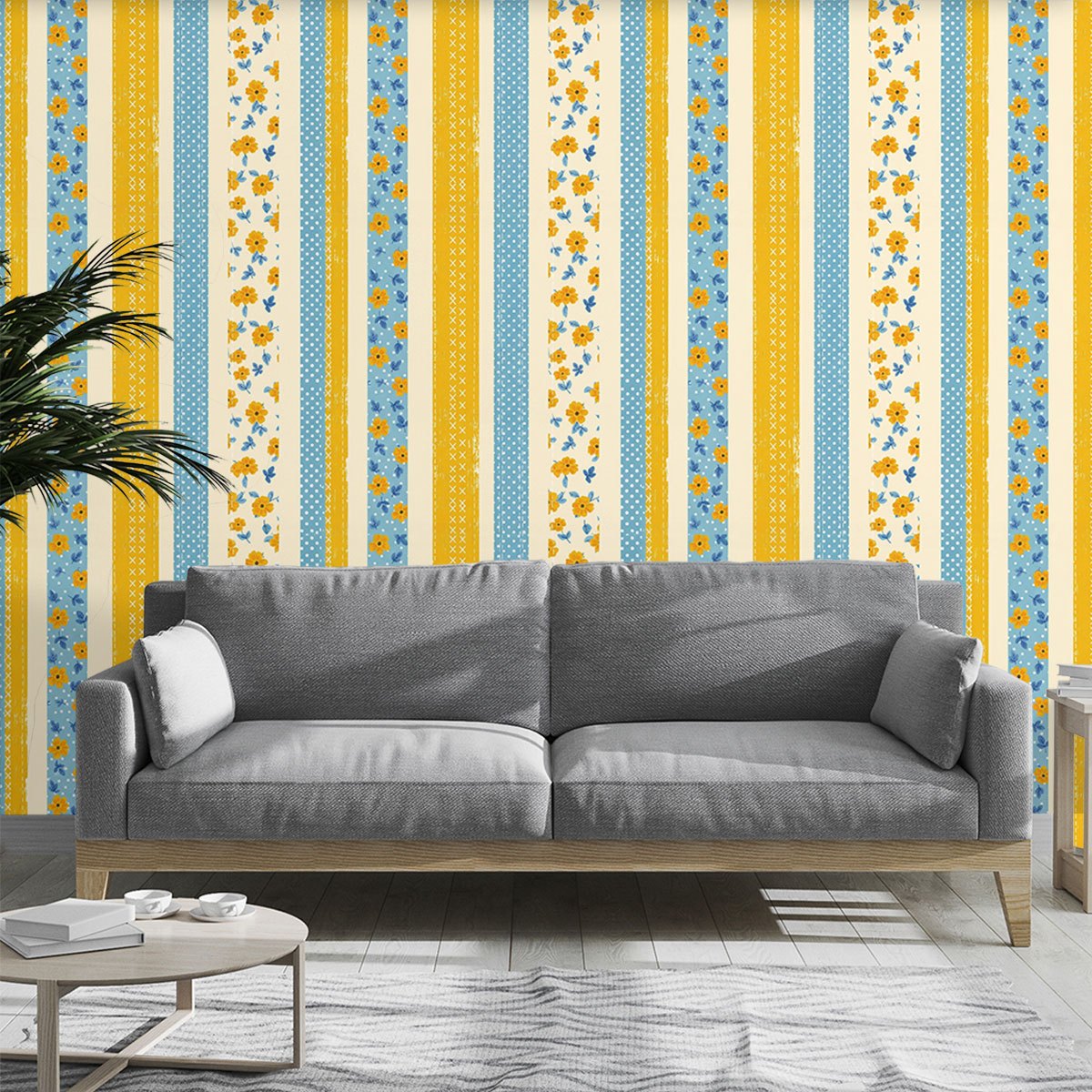 Papier peint champêtre bandes jaunes, bleues et fleuries