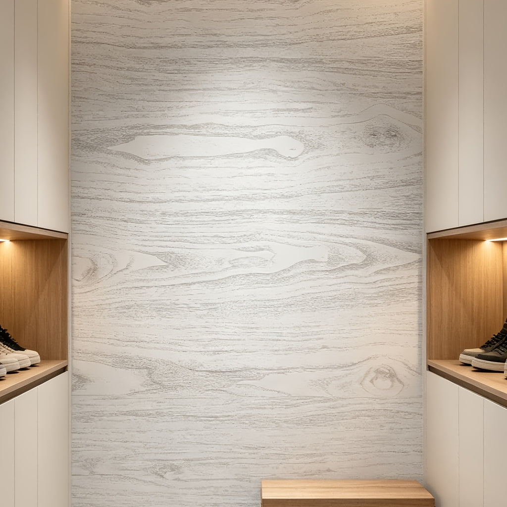 Papier peint effet bois blanchi, veine grise sur fond blanc