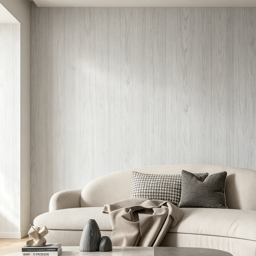 Papier peint effet bois blanchi, veine grise sur fond blanc