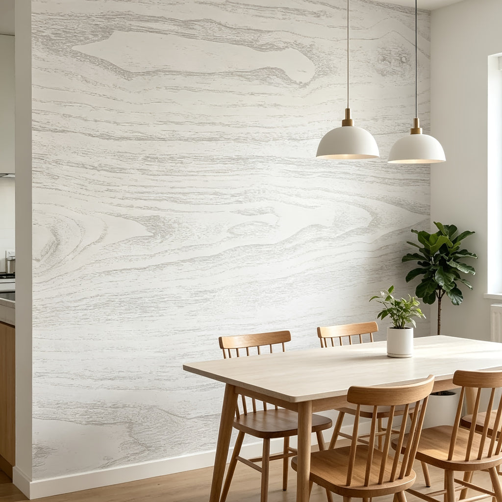 Papier peint effet bois blanchi, veine grise sur fond blanc