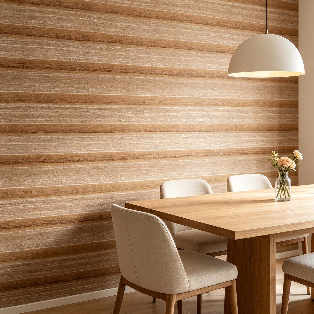 Papier peint effet bois blond en bandes horizontales, 6 lés