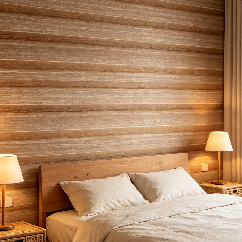 Papier peint effet bois blond en bandes horizontales, 6 lés