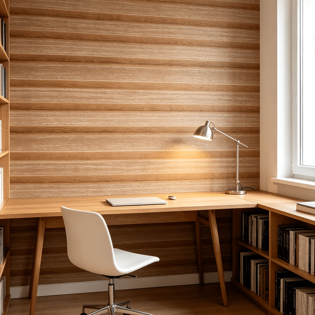Papier peint effet bois blond en bandes horizontales, 6 lés
