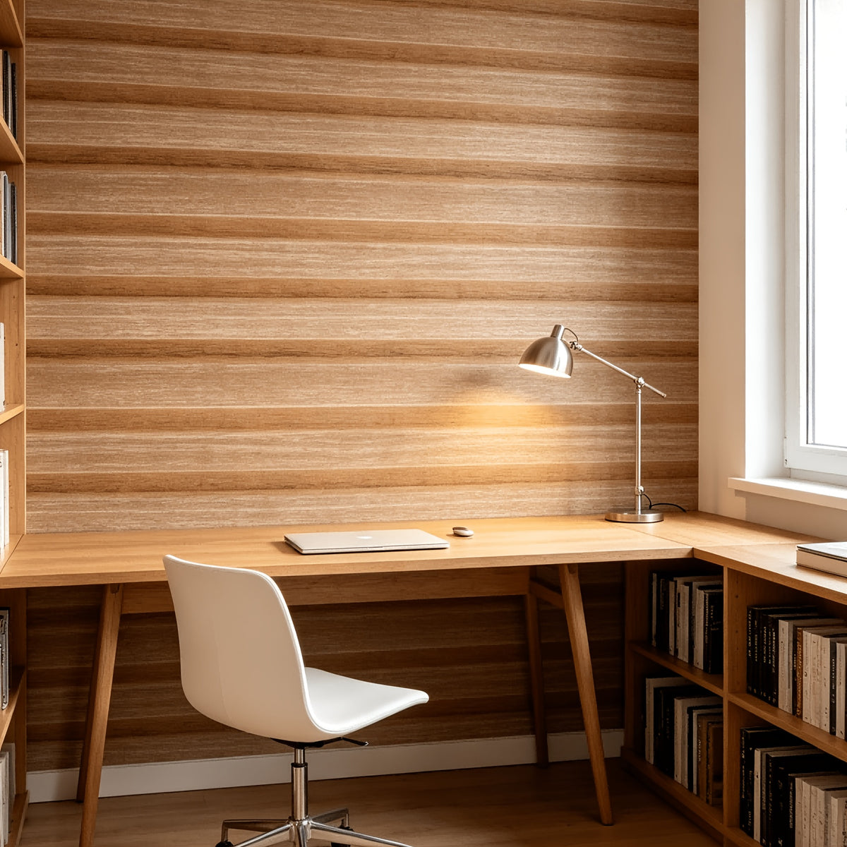 Papier peint effet bois blond en bandes horizontales, 6 lés