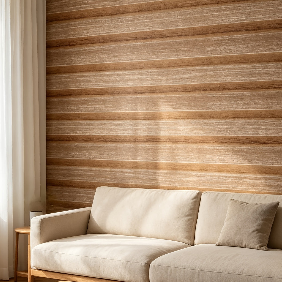 Papier peint effet bois blond en bandes horizontales, 6 lés