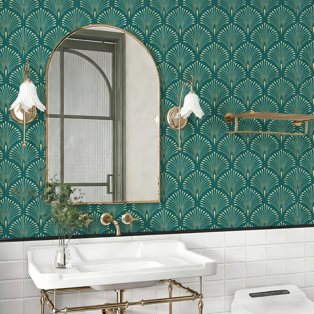 Papier peint art déco éventail bleu canard et doré, 44 cm