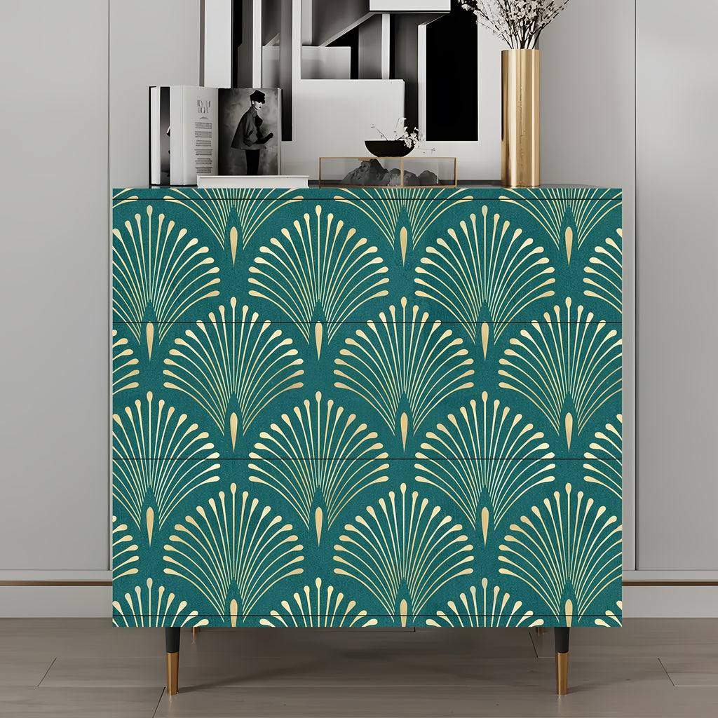 Papier peint art déco éventail bleu canard et doré, 44 cm